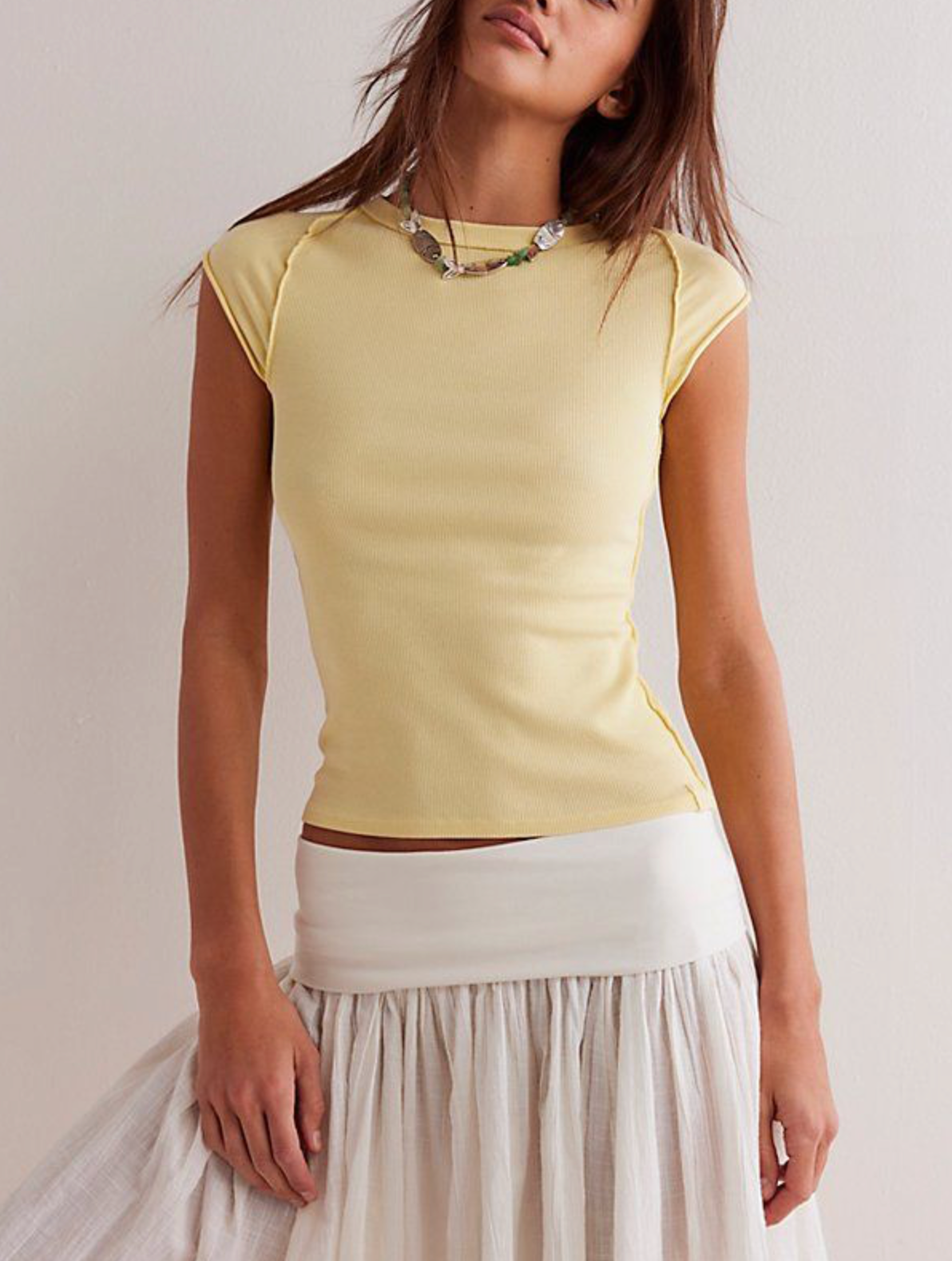 Free People We The Free Yellow Crew Neck Cap Sleeve Ever Had Tee Sz XS
