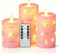 Da by 3 StüCk Rosa Paraffin LED Kerzen Mit Kupferlichtkette, Realistische