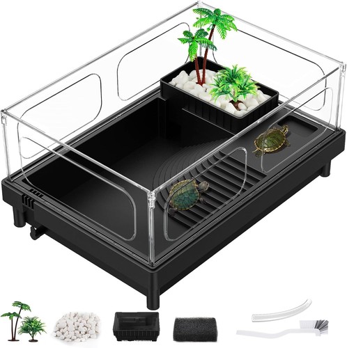 Small Turtle Tank, Aquarium, Acrylic Terrarium with Basking Platform, Bottom ...