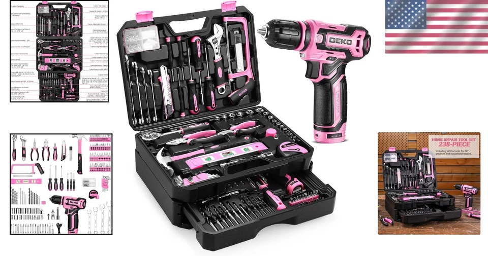 Pink Tool Kit Box Drill Set Cordless Power Tools Home Repair 238pcs - Image 2 of 4