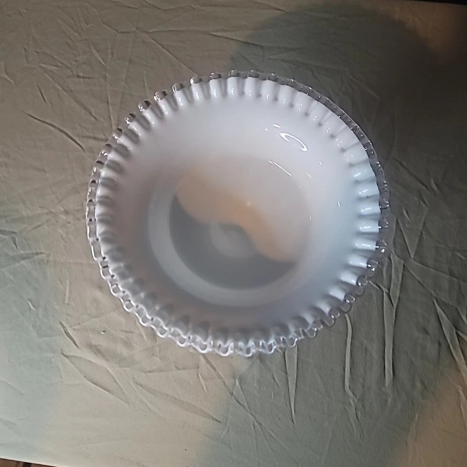 Fenton Silver Crest White Milk Glass Ruffled Edge Pedestal Compote Candy Dish - Image 2 of 4