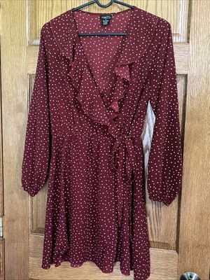 Rue21 Red & White Polka Dot Wrap Dress Ruffle Neckline Elastic Waistline Size M