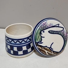 Folk Art Pottery Butter Bell Crock D.Dean Checkered Easter Bunny Bowl