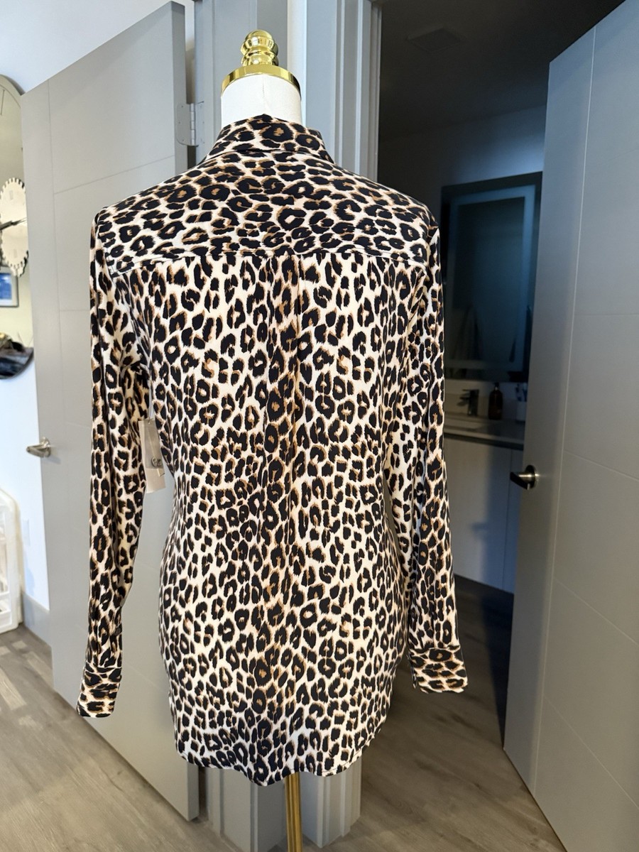 $295 NWT EQUIPMENT Leopard Silk Long Sleeve Slim Shirt