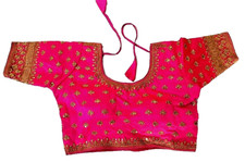 Indian Beautiful Round Neck Bridal Pink Color Golden Flower Embroidery Blouse