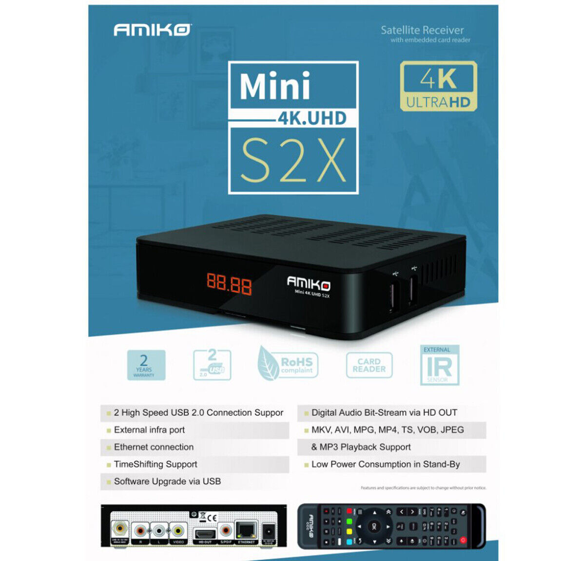 Amiko MINI 4K UHD S2X H.265 HEVC FTA Receiver + Amiko 0.1dB Universal Ku  LNBF
