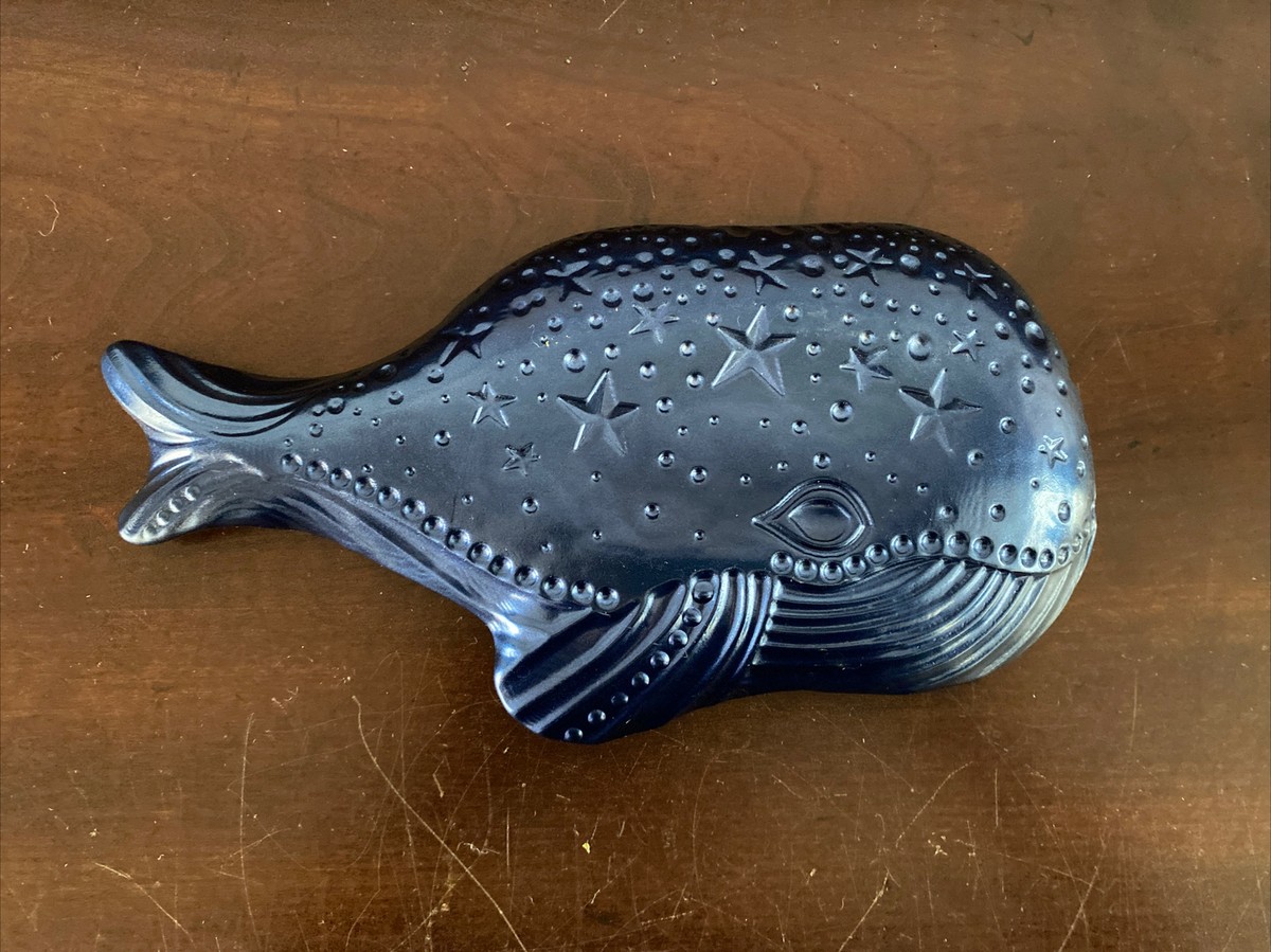 Painted Blue Whale Glass Trinket Dish Spoon Rest Appetizer Plate Silver  Stars - Main Image
