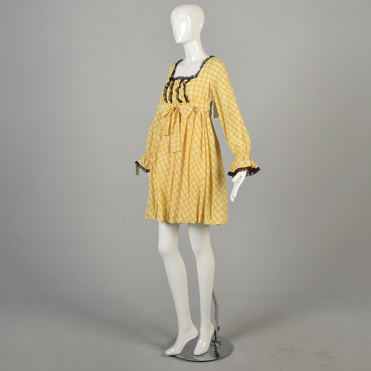 Small 1960s Deadstock Babydoll Dress Yellow White Checked Cotton