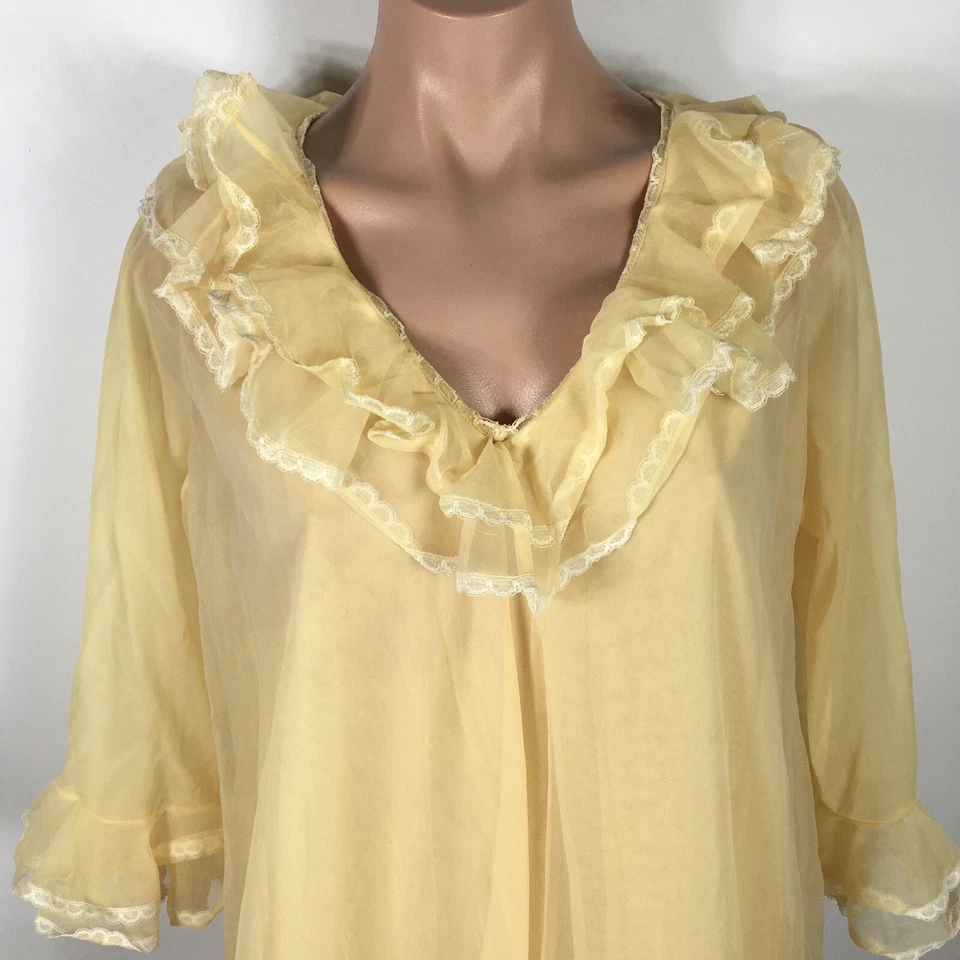 Vtg 60s Worth Chiffon Robe Ruffle Babydoll Sweep Lingerie Nightgown Wedding S - Image 3 of 4