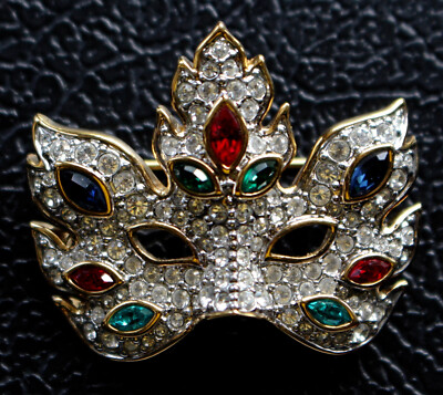 Swarovski Crystal MARDI GRAS MASK GOLD-TONE BROOCH/Pin