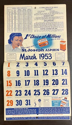 1953 Advertising St Joseph Aspirin Store Calendar, Almanac & Weather Chart  | eBay