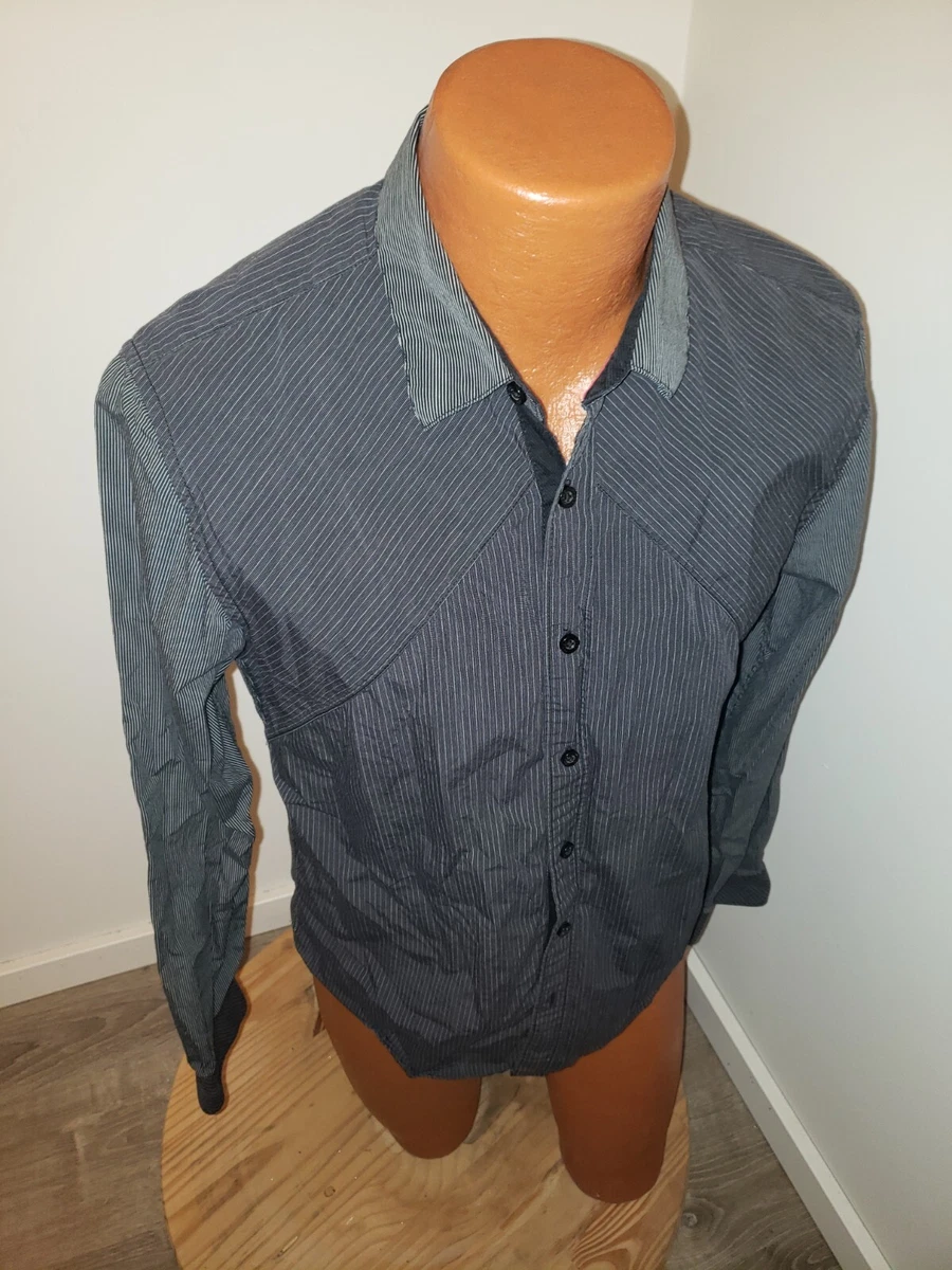 Camisa (Mediana) Para Hombres GUESS Abotonada Negra Gris Rayas Calce Ajustado
