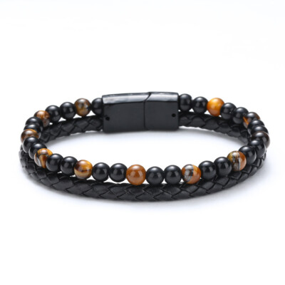Fashion Men Stainless Steel Clasp Real Leather Wrist Cuff Double Layer Bangles