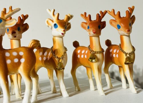Vintage Plastic Christmas Reindeer x 8 with Gold Bell Moveable Head Rare Set - Picture 6 of 12