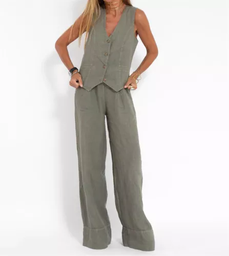 Women's 2 Piece Outfit, Sleeveless, Button Up Vest, Long Pants, Linen Set - Picture 4 of 13
