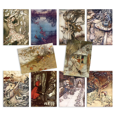 Vintage Kunst Postkarte Karte 10 Set Sammlung Arthur Rackham Alice Im Wunderland
