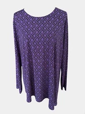 CJ Banks Purple & Black Long Sleeve Asymmetrical Hem Top-Size 1X