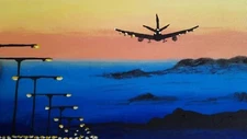 Original Painting Airplane landscape Tourizm art Flying Art Seascape Wall Art