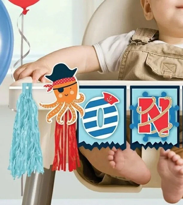 JUEGO DE 2 PIEZAS KIT DE DECORACIÓN DE TRONA Y SOMBRERO 1er cumpleaños pirata Ahoy cangrejo pulpo Foto 4 de 4