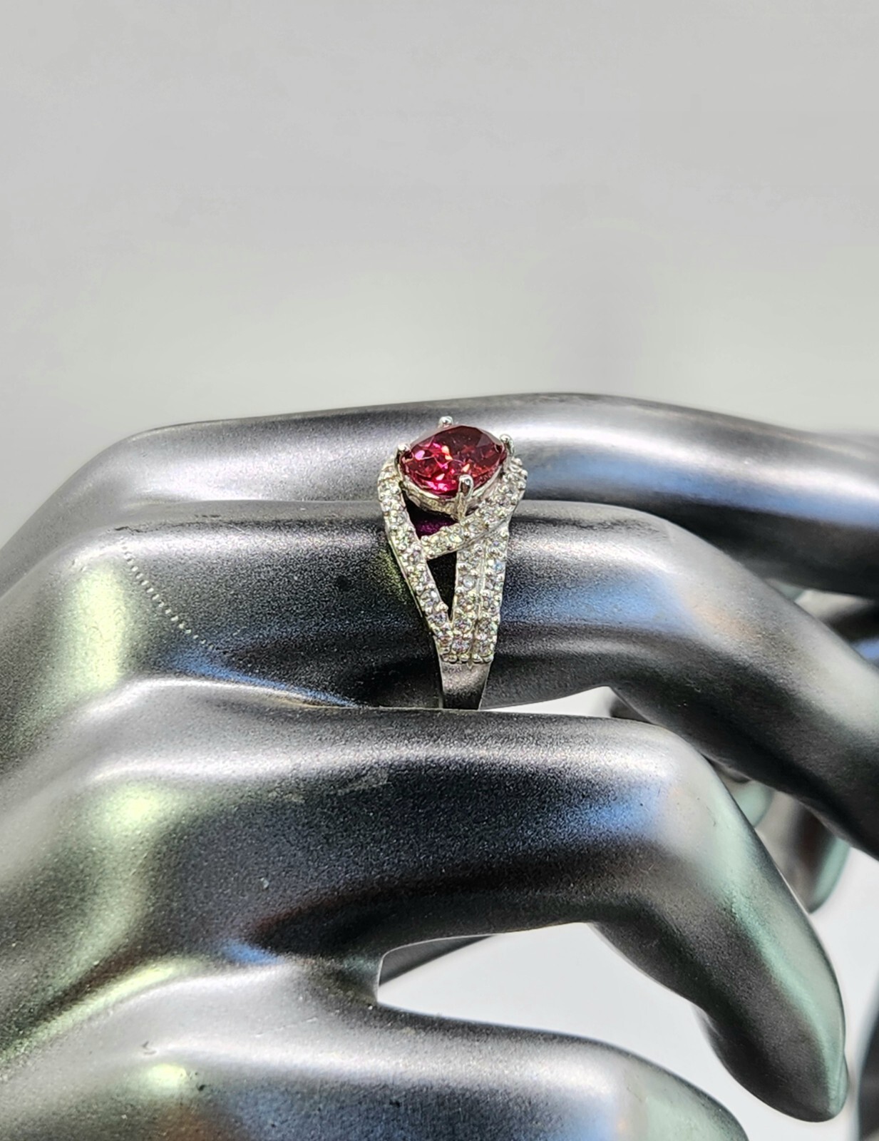 Sterling Silver Lab Ruby Gemstone Ring with CZ Ac… - image 3