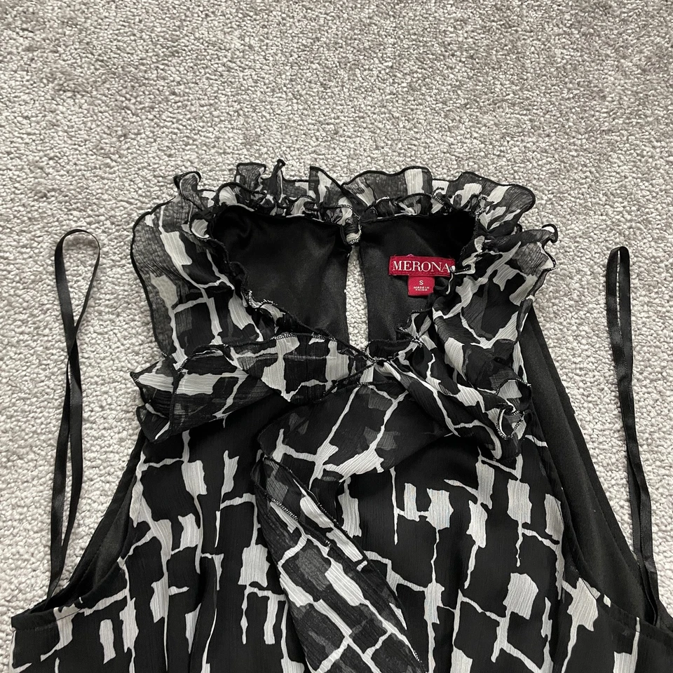 Vestido Merona Midi Halter Mujer Pequeño Negro Blanco Geométrico Gasa Volantes Línea Foto 3 de 4