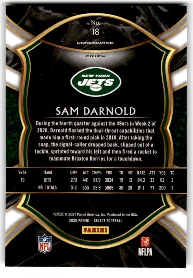 2020 Panini Select Prizm Silver Sam Darnold #18 New York Jets - Image 2 of 2
