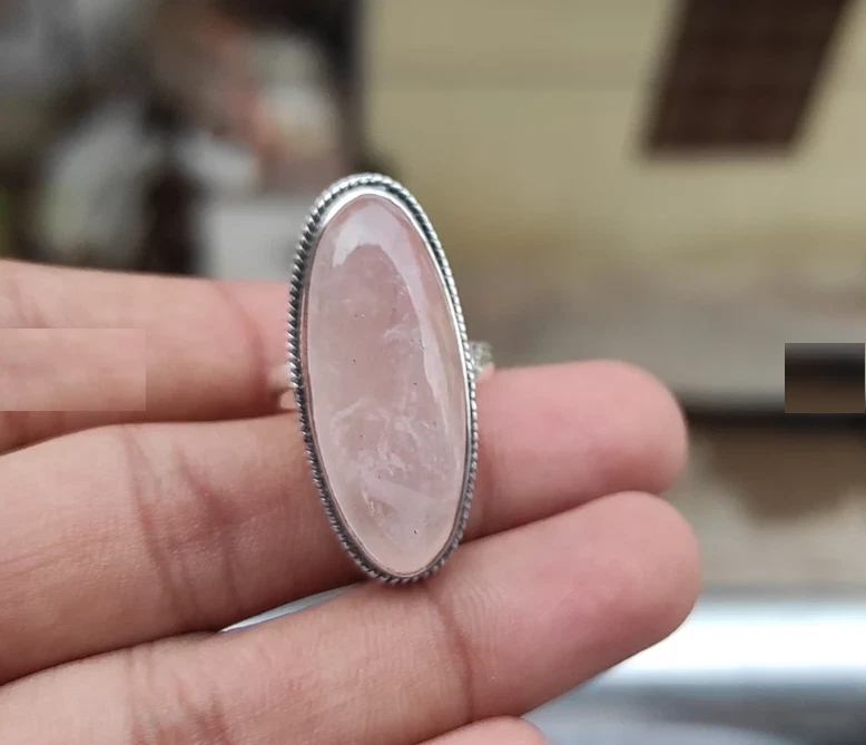 Anillo de piedra de cuarzo rosa hecho a mano de plata de ley 925 para ropa de fiesta anillo todas las tallas R323 Foto 4 de 4