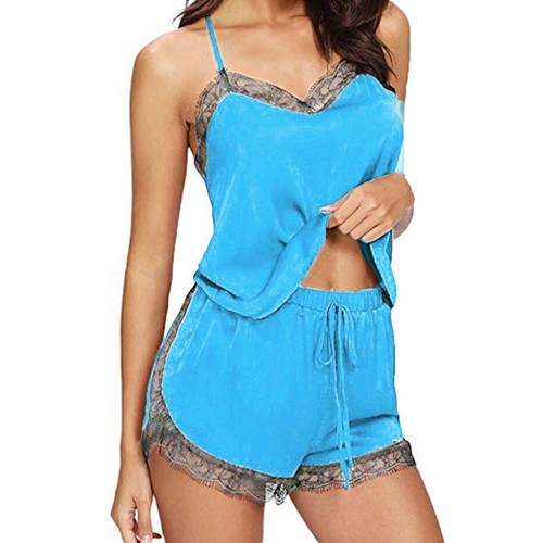 Womens Sleepwear Cami Set Satin Pajamas Sexy Lace Cami Tops Shorts Nightwear Set - Foto 16 di 20