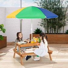 3-in-1 Kids Picnic Table Outdoor Wooden Water Sand Table w/Umbrella Play Boxes