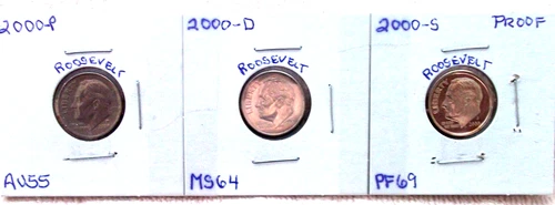 2000-P ALMOST UNCIRCULATED / 2000-D MINT STATE / 2000-S PROOF ROOSEVELT DIMES