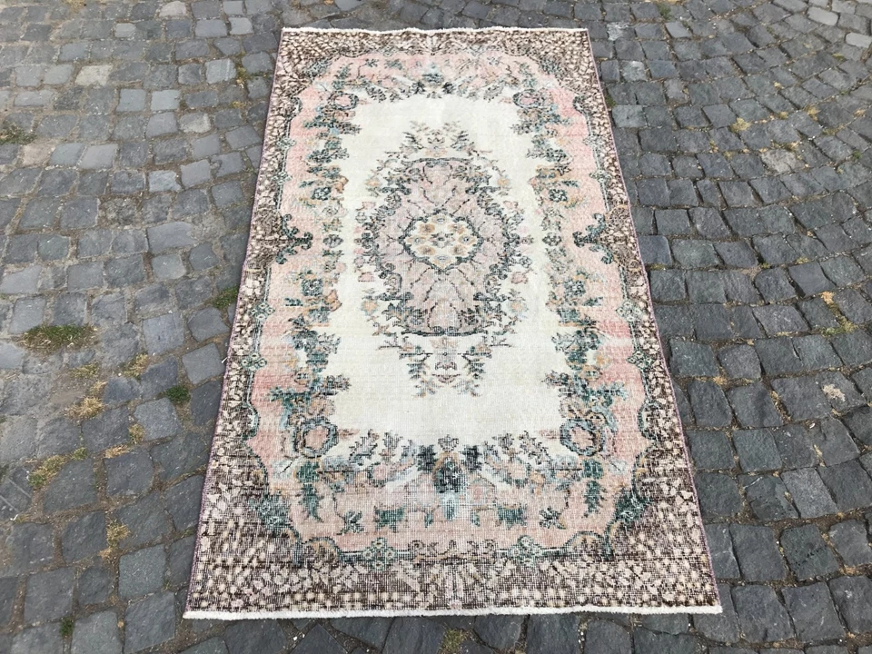 Bohemian Area Rug Handmade Wool Rug Turkish Vintage Traditional Rug 3,7 x 6,6 ft - Image 3 of 4