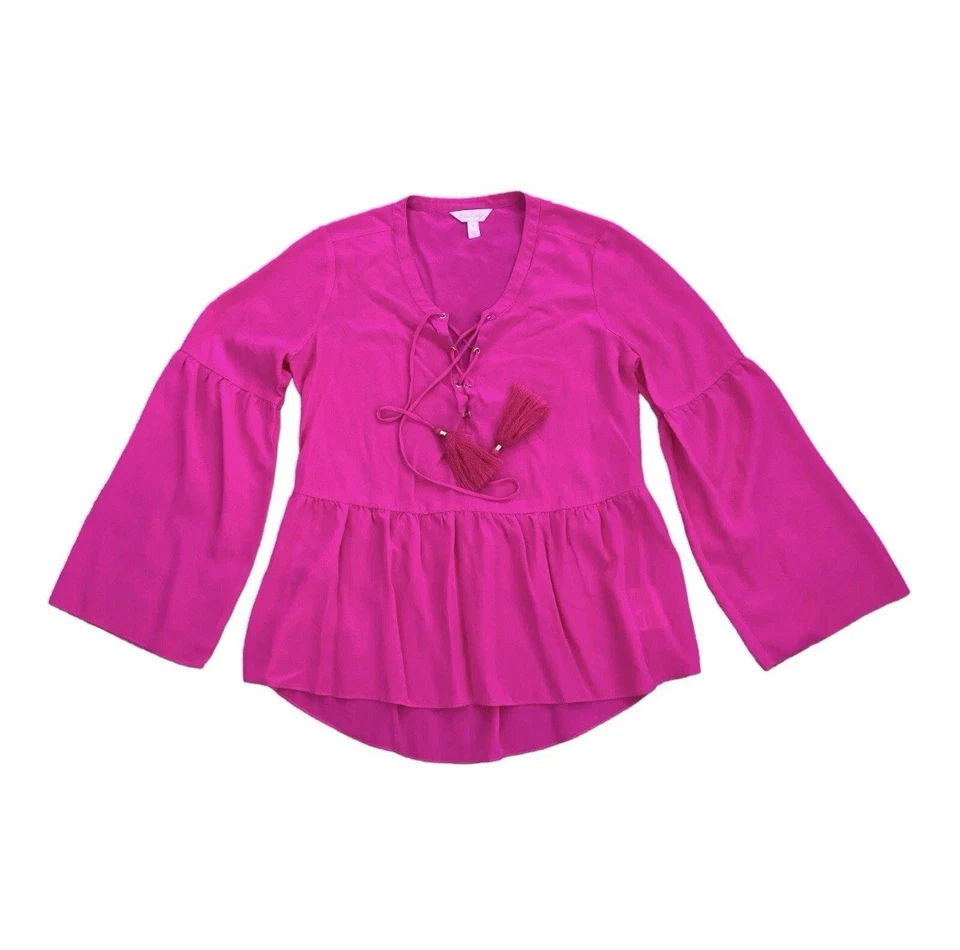 Top Lilly Pulitzer Grande 100% Seda Milán Magenta Manga Larga Borla Rosa Foto 3 de 4