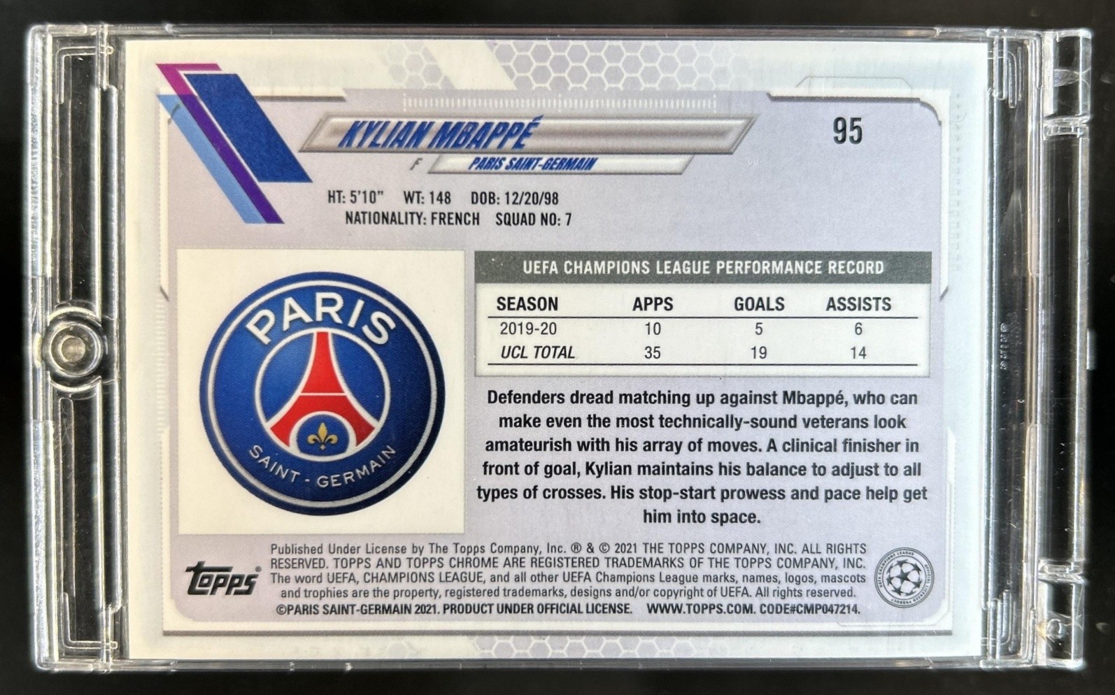 2020 Topps Chrome Sapphire UEFA Kylian Mbappe #95 PSG view 2