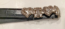 Vintage Western Heart Concho Belt Black Croc Embossed Leather Silver Tone Buckle