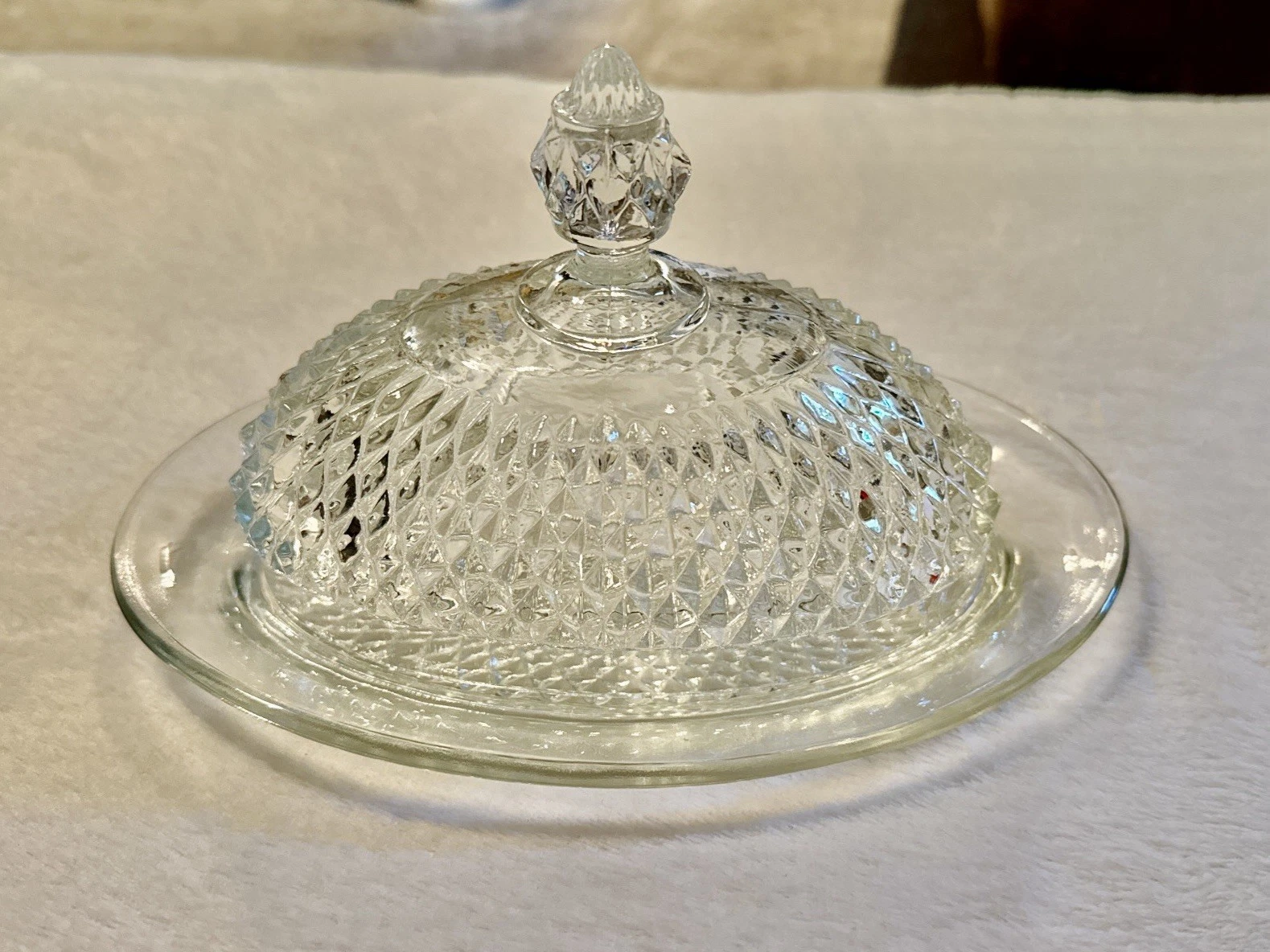 "Diamond Point” by Indiana Glass - Pressed Glass Oval Covered Butter Dish 9”