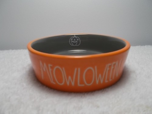 Rae Dunn Orange Embossed Meowloween Cat Ceramic Water Food Bowl Dish Halloween