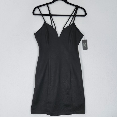Guess Dress Women 8 Black Plunge V Neck Bodycon Mini Cocktail Party LBD NEW
