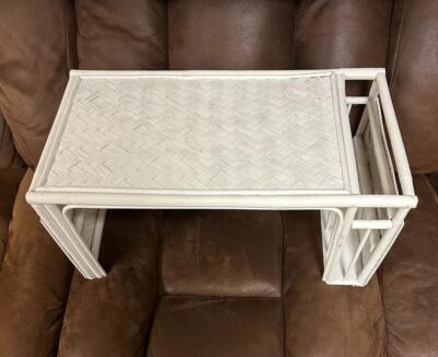 Vintage White Rattan Bamboo Bed Laptop Lap TV Tray with Paper Magazine Pocket