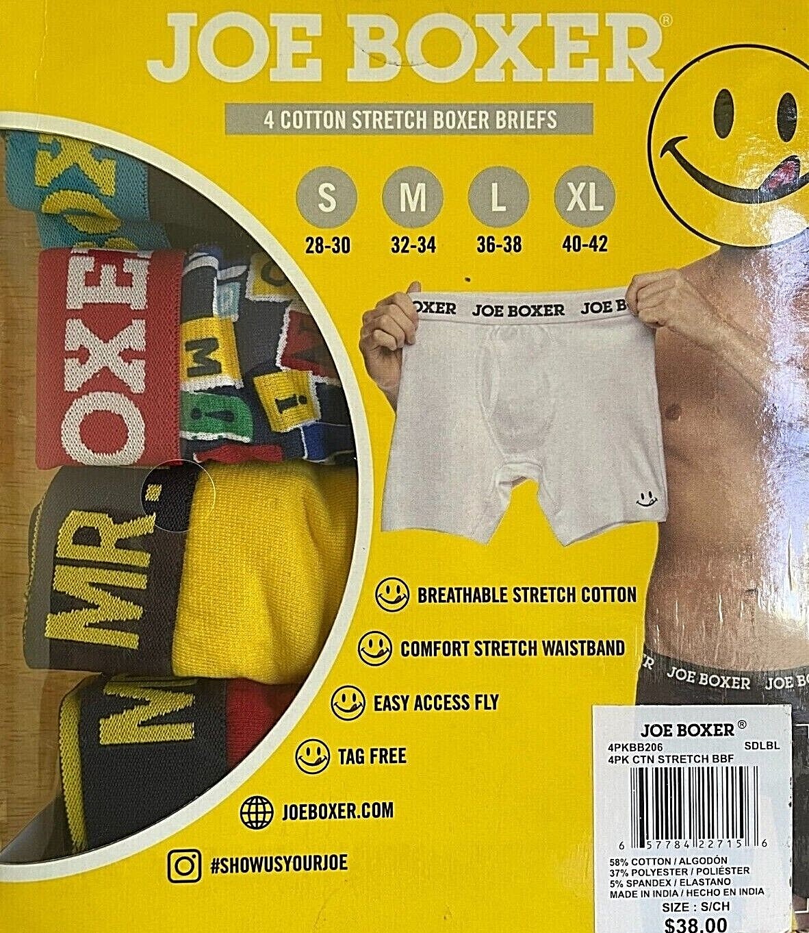 4 Pack Men Joe Boxer Cotton Stretch Boxer Briefs S M L XL $38 Red Yellow Navy AA