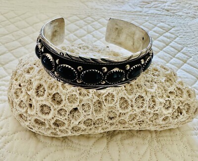 Kewa Pueblo Sterling Jet bracelet Stamped  C 