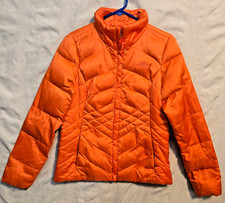 Women's North Face Goose Down Jacket Size M Orange Lined Quilted Full Zip