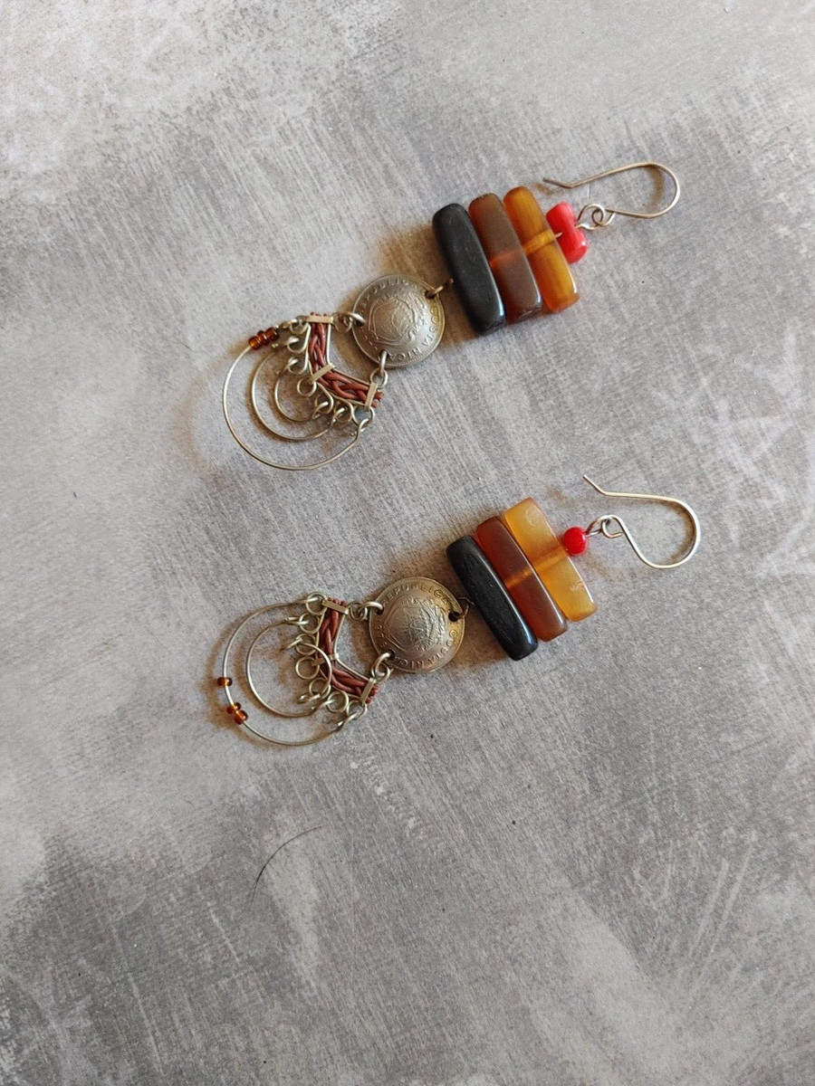 Vintage sterling silver Costa Rica coin earrings with golden buffalo horn coral View 4