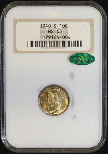 1940 S Mercury Silver Dime 10c MS 65 TONED NGC Graded and CAC-approved