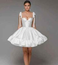 White Satin Bow Strap Sweetheart Short Wedding Dresses A Line Ruffled Hem Gowns
