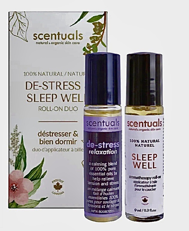 NEW 2-Pk Scentuals Natural Essential Oil Roll-Ons, De-Stress & Sleep Well