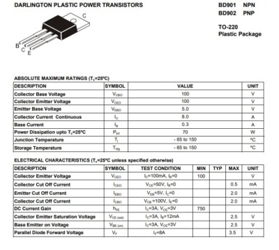 Transistor BD901 NPN Darlington | 100V 8A 70W TO220, Nuovo Per Elettronica