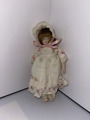 Vintage Porcelain Doll Girl 8  Brown Hair With Doll Stand China Head