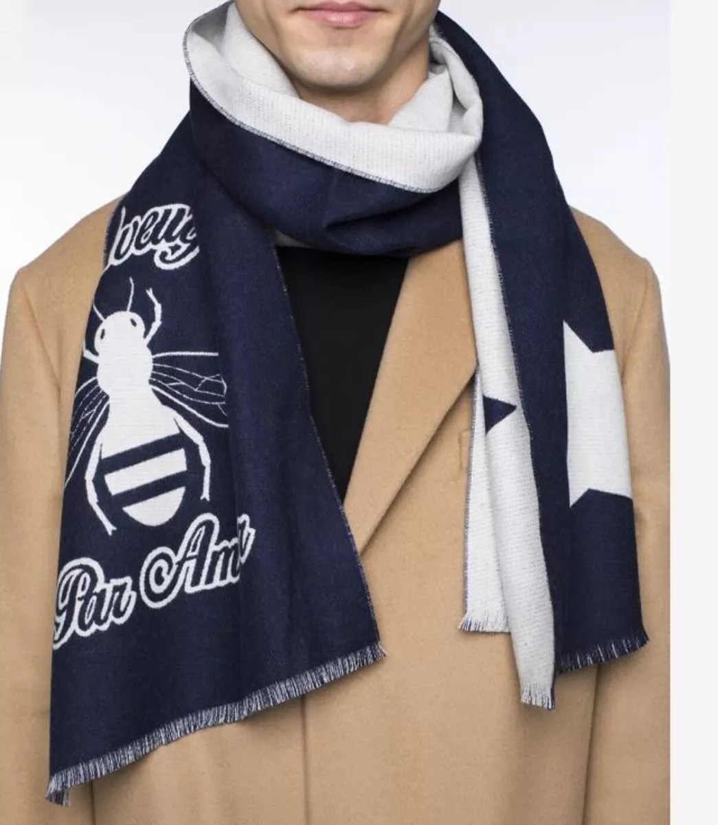 GUCCI scarf mens L'Aveugle Par Amour bee blue white wool jacquard 13 x 71