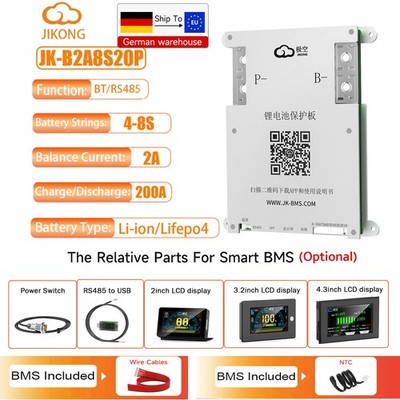 JK Smart BMS mit 2A ActiveBalance BT/RS485 for 4S-8S 12V-24V 200A Li-ion LiFePo4