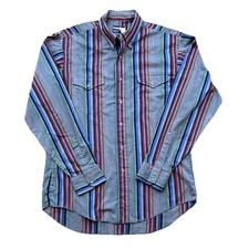 Vintage Wrangler Western Shirt Men s 16-35 L Large Gray Striped Long Tail Cowboy